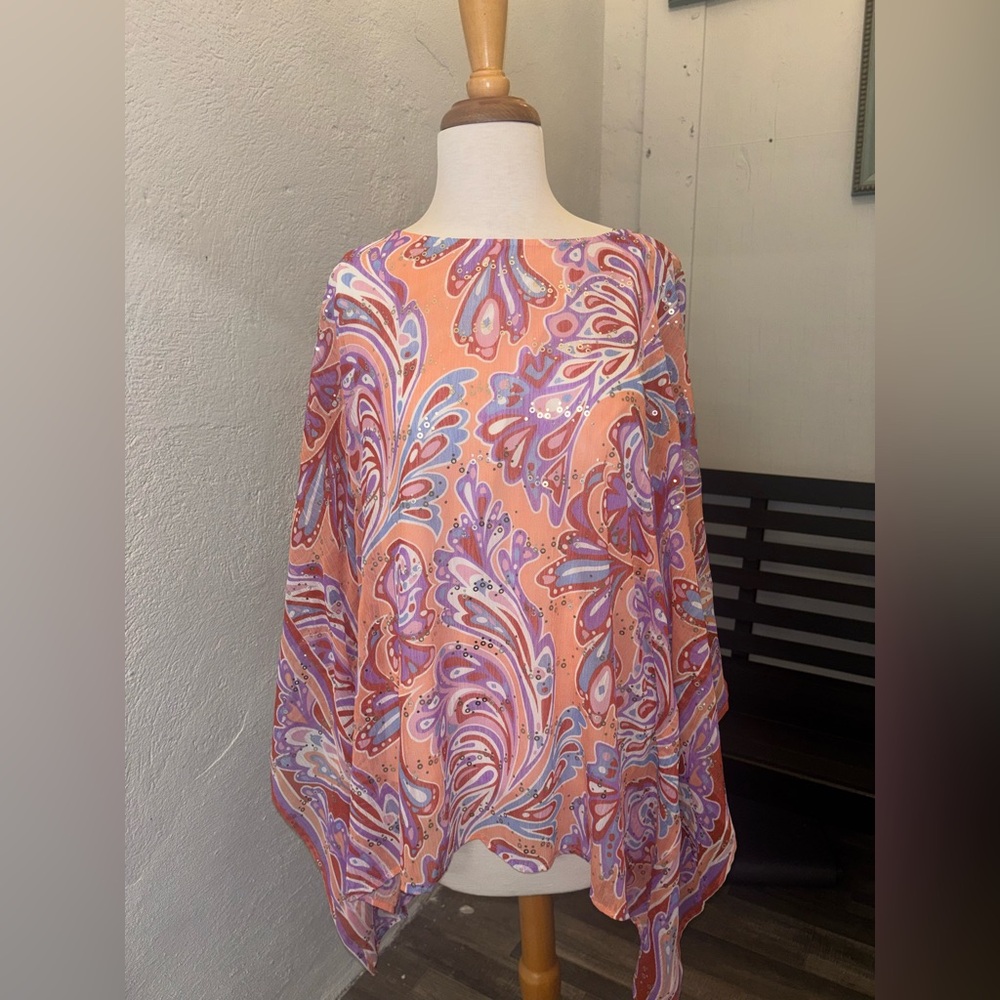 Bob‎ Mackie Abstract Pink Multicolor Paisley Poncho Style Blouse Size Large